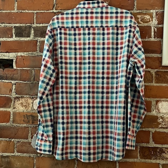 Johnston and Murphy Printed Cotton Shirt in Rainbow Plaid, size L - Picture 4 of 4